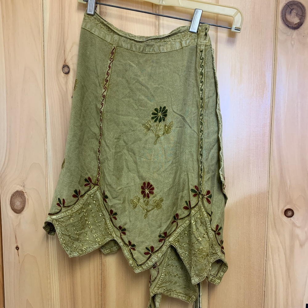 Green Embroidered Boho Wrap Skirt - One Size